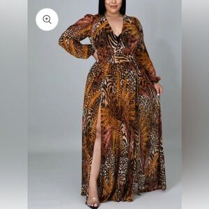 Women's Plus Animal Print Sheer Long Sleeve Double Split Maxi Dress Sz 3XL